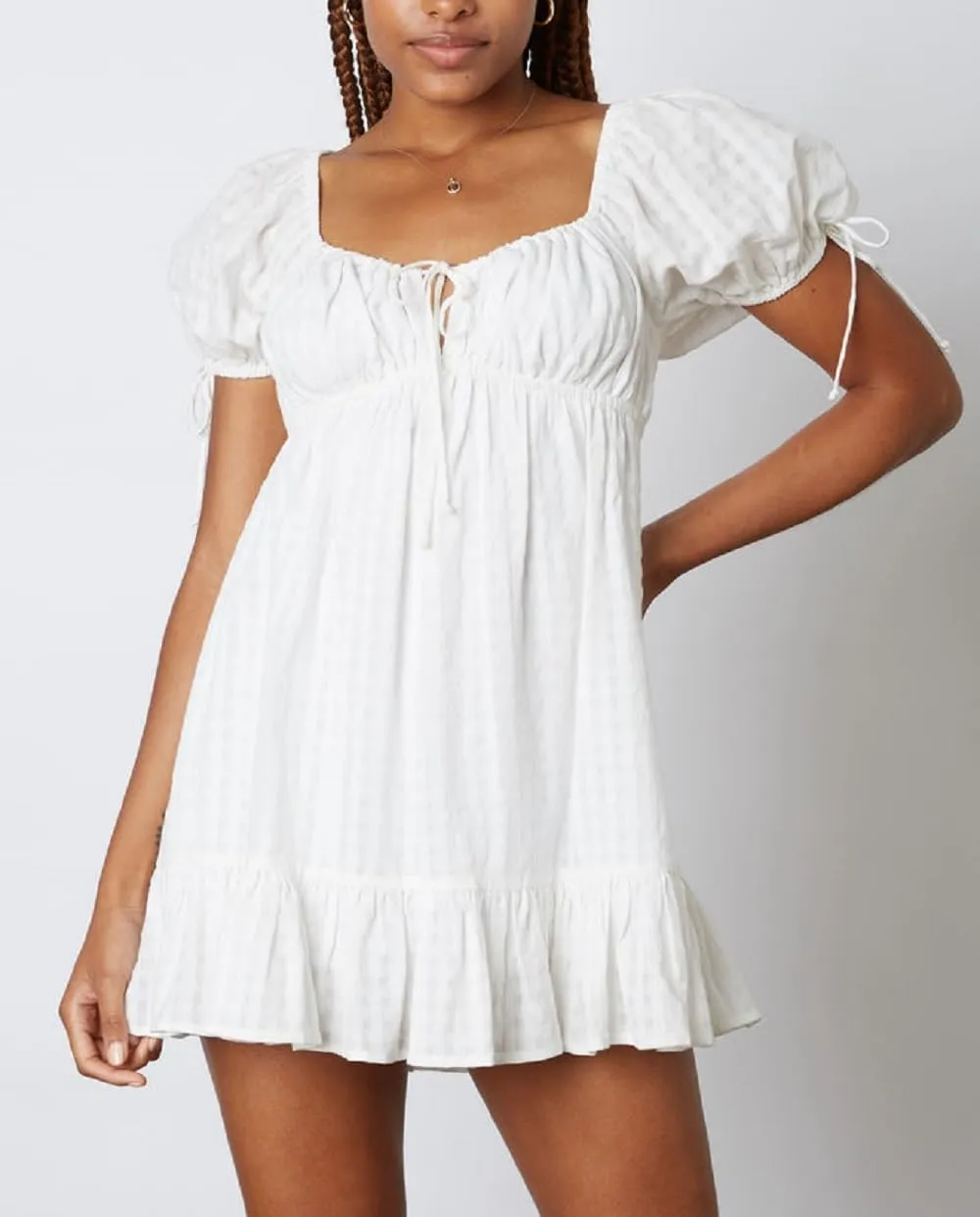 Juakoso Women Short Puff Sleeve Babydoll Dress Cute Print Bow Tie A-line Ruffle Mini Dress Casual Pleated Going Out Dress