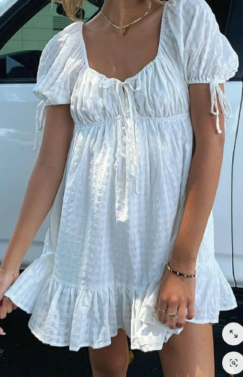 Juakoso Women Short Puff Sleeve Babydoll Dress Cute Print Bow Tie A-line Ruffle Mini Dress Casual Pleated Going Out Dress