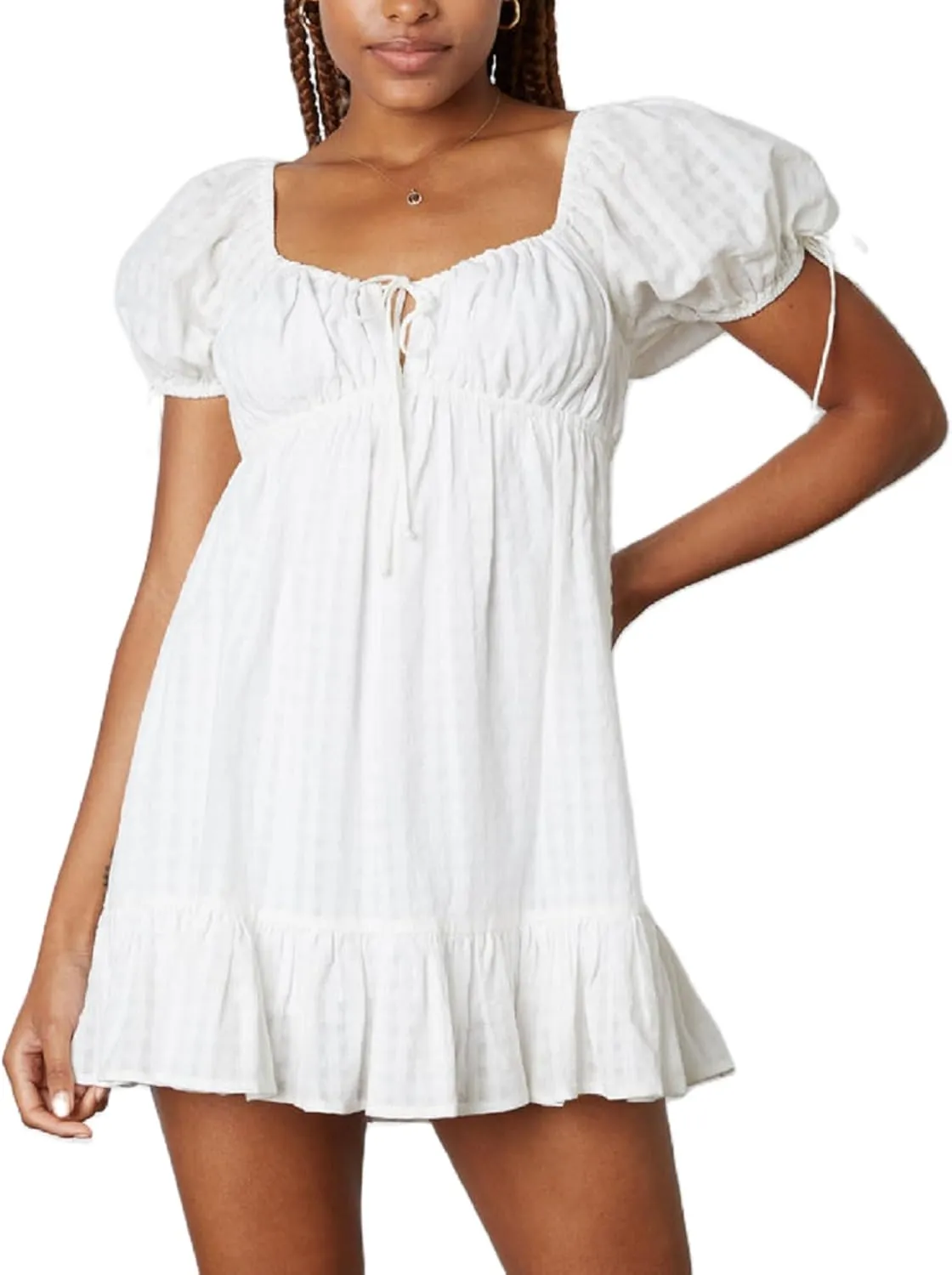 Juakoso Women Short Puff Sleeve Babydoll Dress Cute Print Bow Tie A-line Ruffle Mini Dress Casual Pleated Going Out Dress