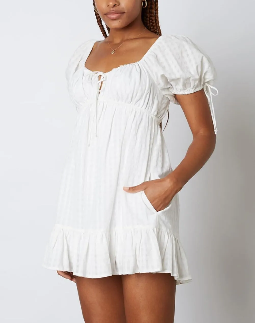Juakoso Women Short Puff Sleeve Babydoll Dress Cute Print Bow Tie A-line Ruffle Mini Dress Casual Pleated Going Out Dress
