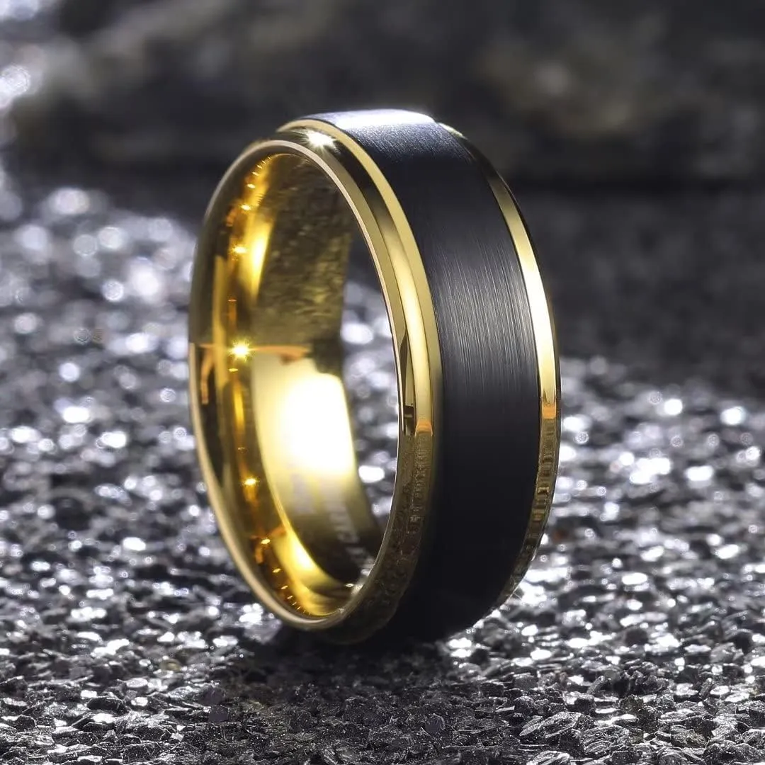 King Will Mens Brushed Wedding Band, Two Tone Matte Step Edges/Pipe Cut, Tungsten Carbide Anniversary Promise Rings Comfort Fit