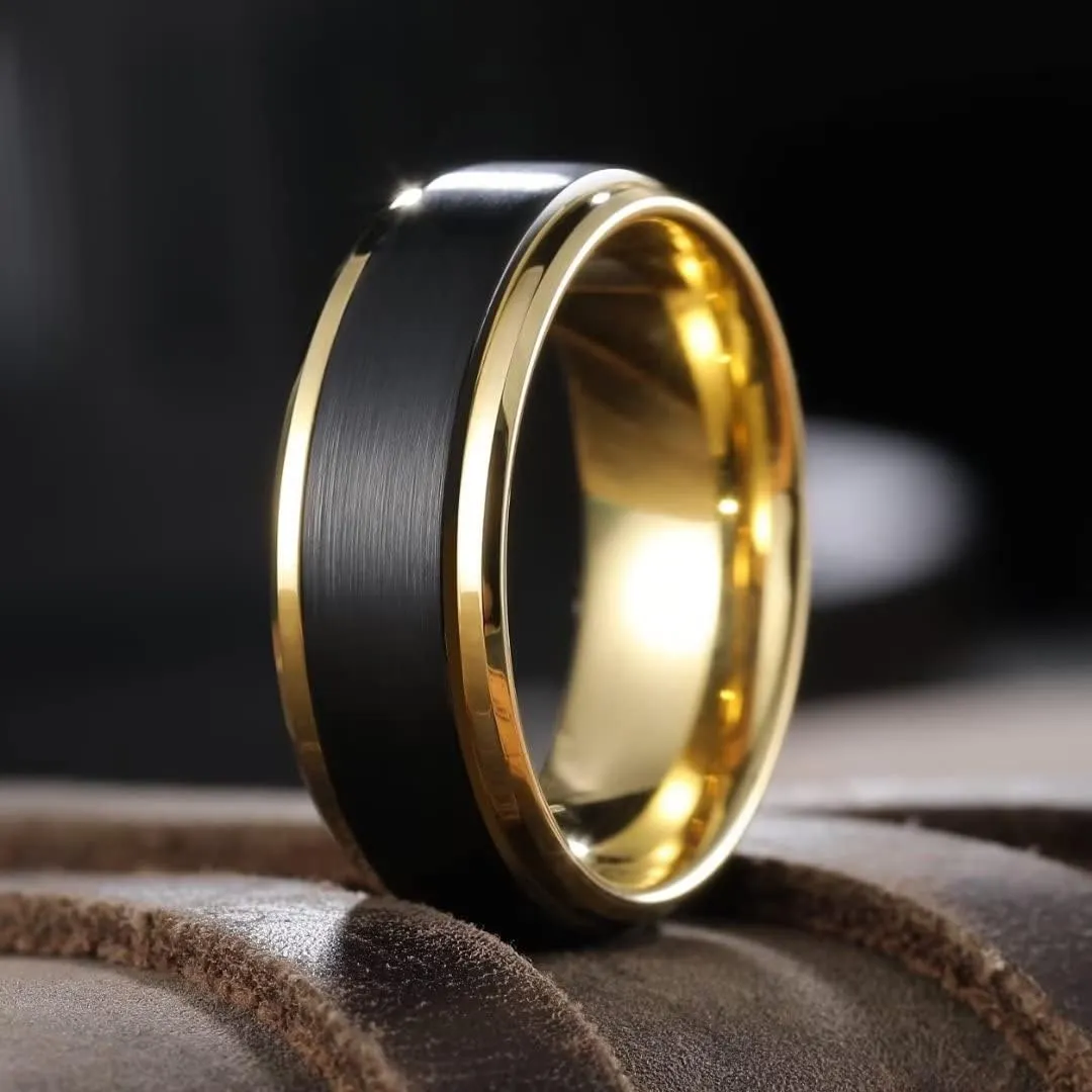 King Will Mens Brushed Wedding Band, Two Tone Matte Step Edges/Pipe Cut, Tungsten Carbide Anniversary Promise Rings Comfort Fit