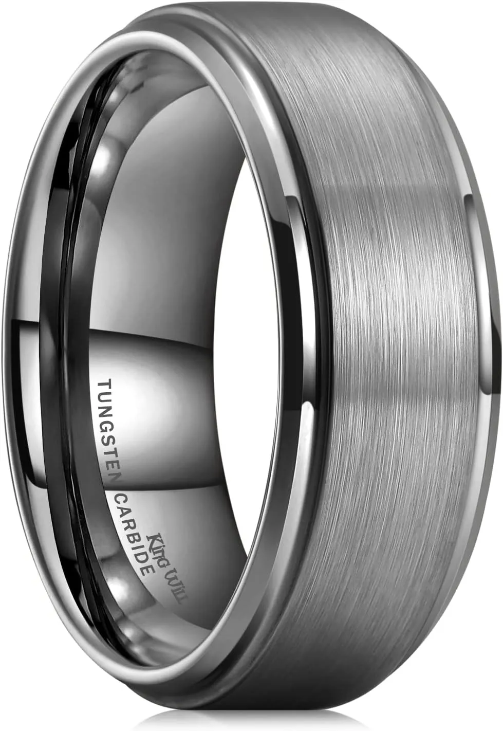 King Will Mens Brushed Wedding Band, Two Tone Matte Step Edges/Pipe Cut, Tungsten Carbide Anniversary Promise Rings Comfort Fit