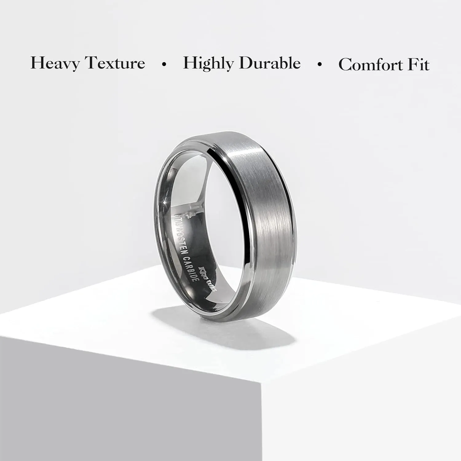 King Will Mens Brushed Wedding Band, Two Tone Matte Step Edges/Pipe Cut, Tungsten Carbide Anniversary Promise Rings Comfort Fit