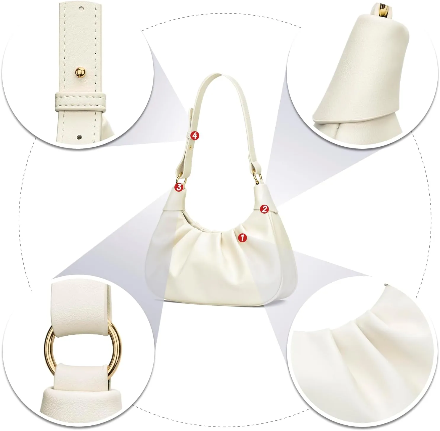 KKXIU Shoulder Bag Crescent Handbag Ruched Purse Underarm Bag Mini Hobo for Women,Detachable Gold Chain Crossbody Bag