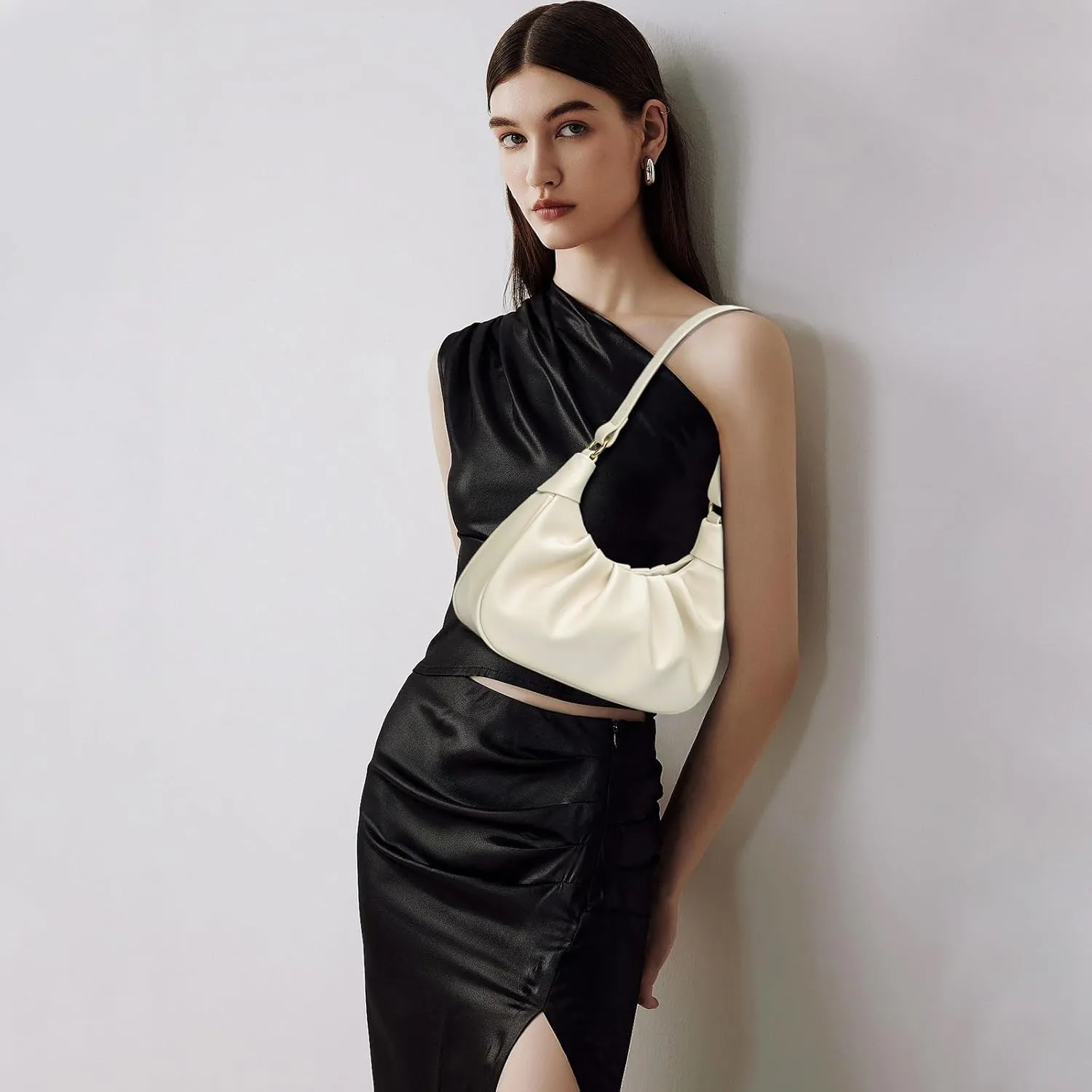 KKXIU Shoulder Bag Crescent Handbag Ruched Purse Underarm Bag Mini Hobo for Women,Detachable Gold Chain Crossbody Bag