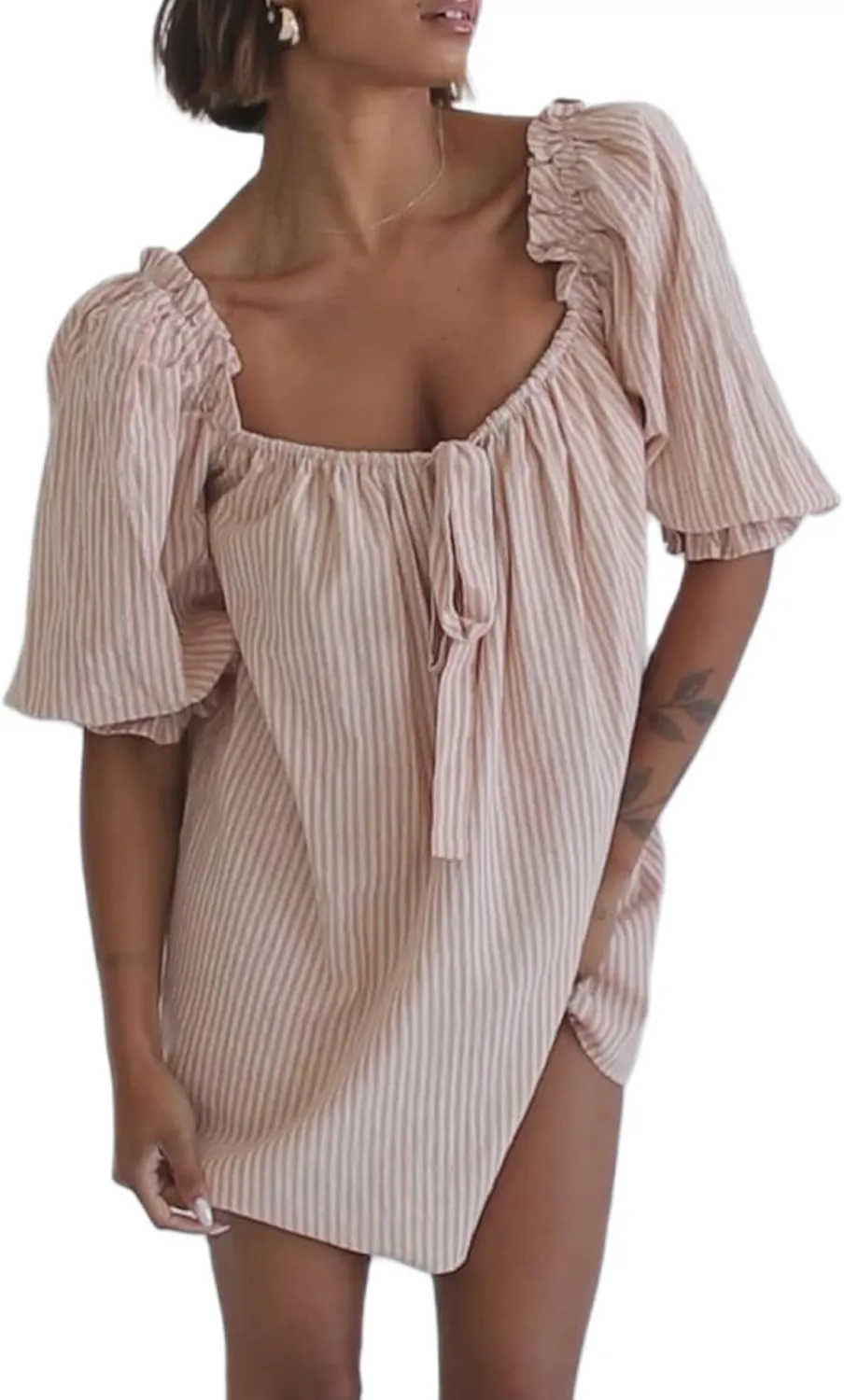 KMBANGI Women Cute Babydoll Dress Short Puff Sleeve Bow Tie Fairy Mini Dress Ruffle Boho Floral Short Slip Sundress