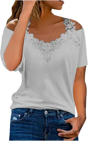 Lace Crochet Cold Shoulder Tops for Women Trendy Summer Short Sleeve Tunic Shirts Casual Loose Strappy Blouses