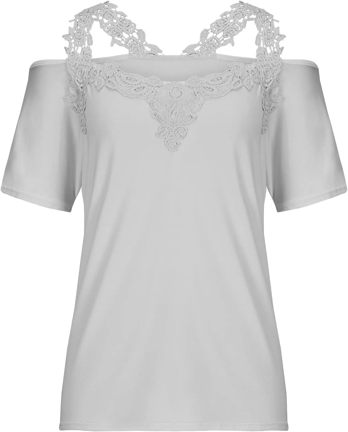 Lace Crochet Cold Shoulder Tops for Women Trendy Summer Short Sleeve Tunic Shirts Casual Loose Strappy Blouses