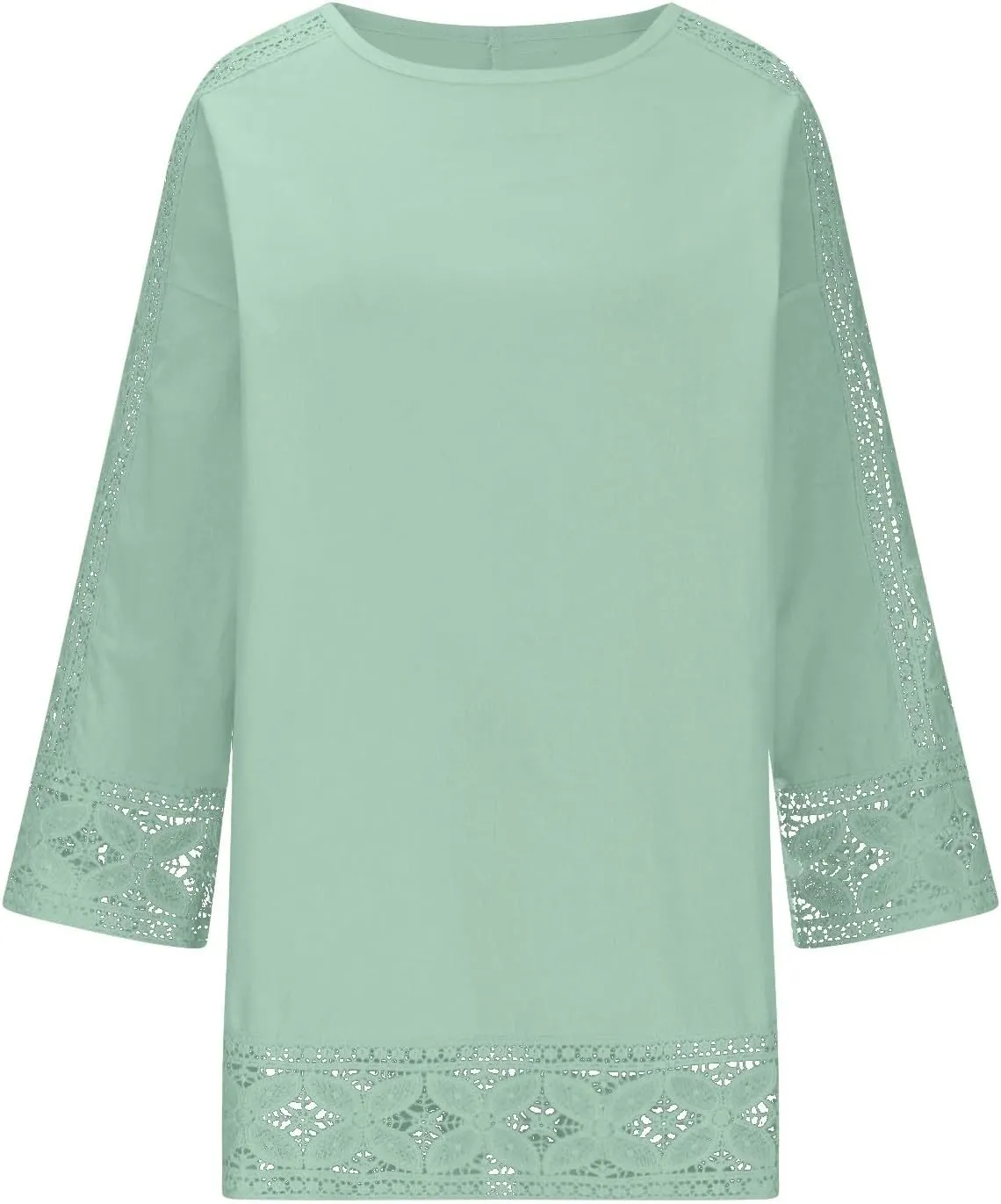 Lace Hollow Out Cotton Linen T Shirts for Women Casual Summer 2025 Crewneck 3/4 Sleeve Tops Loose Vacation Boho Tees