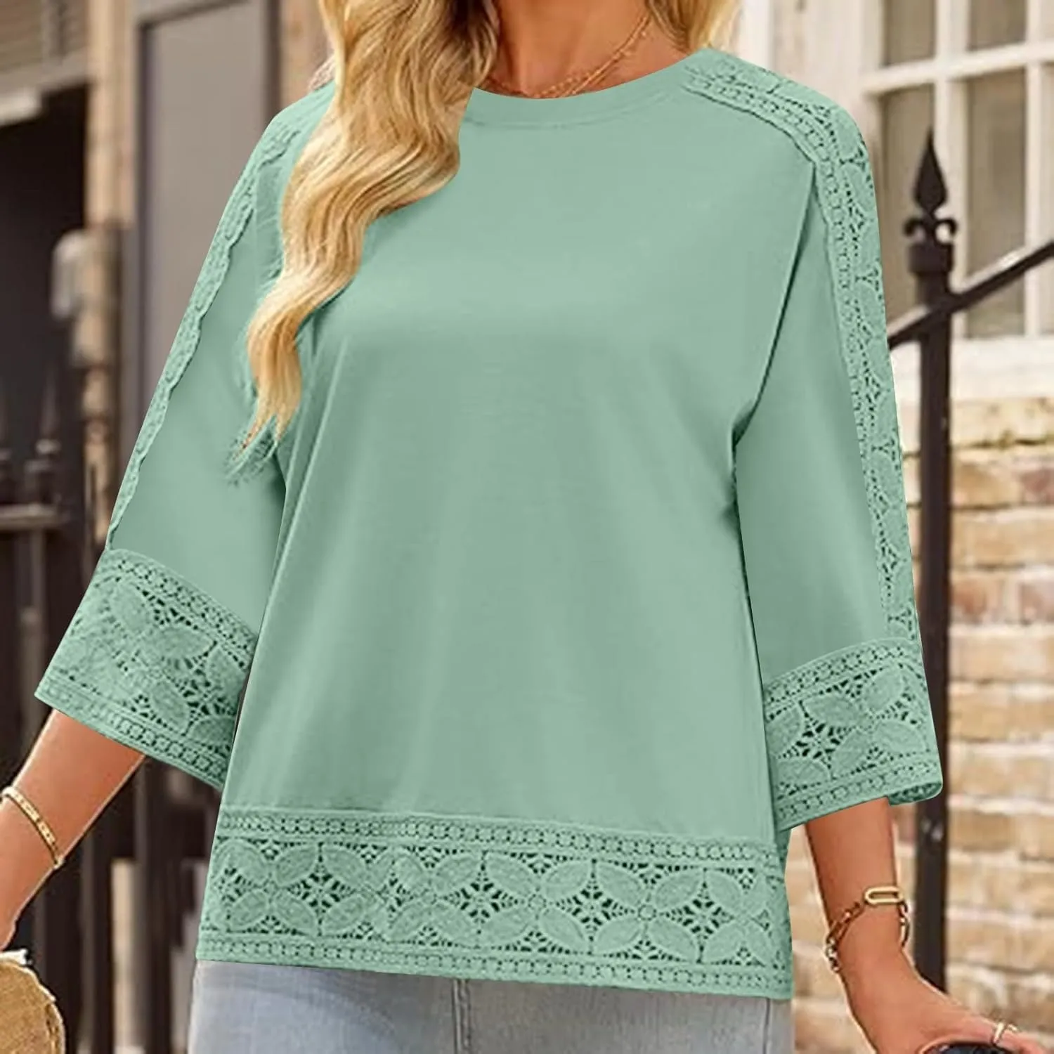 Lace Hollow Out Cotton Linen T Shirts for Women Casual Summer 2025 Crewneck 3/4 Sleeve Tops Loose Vacation Boho Tees