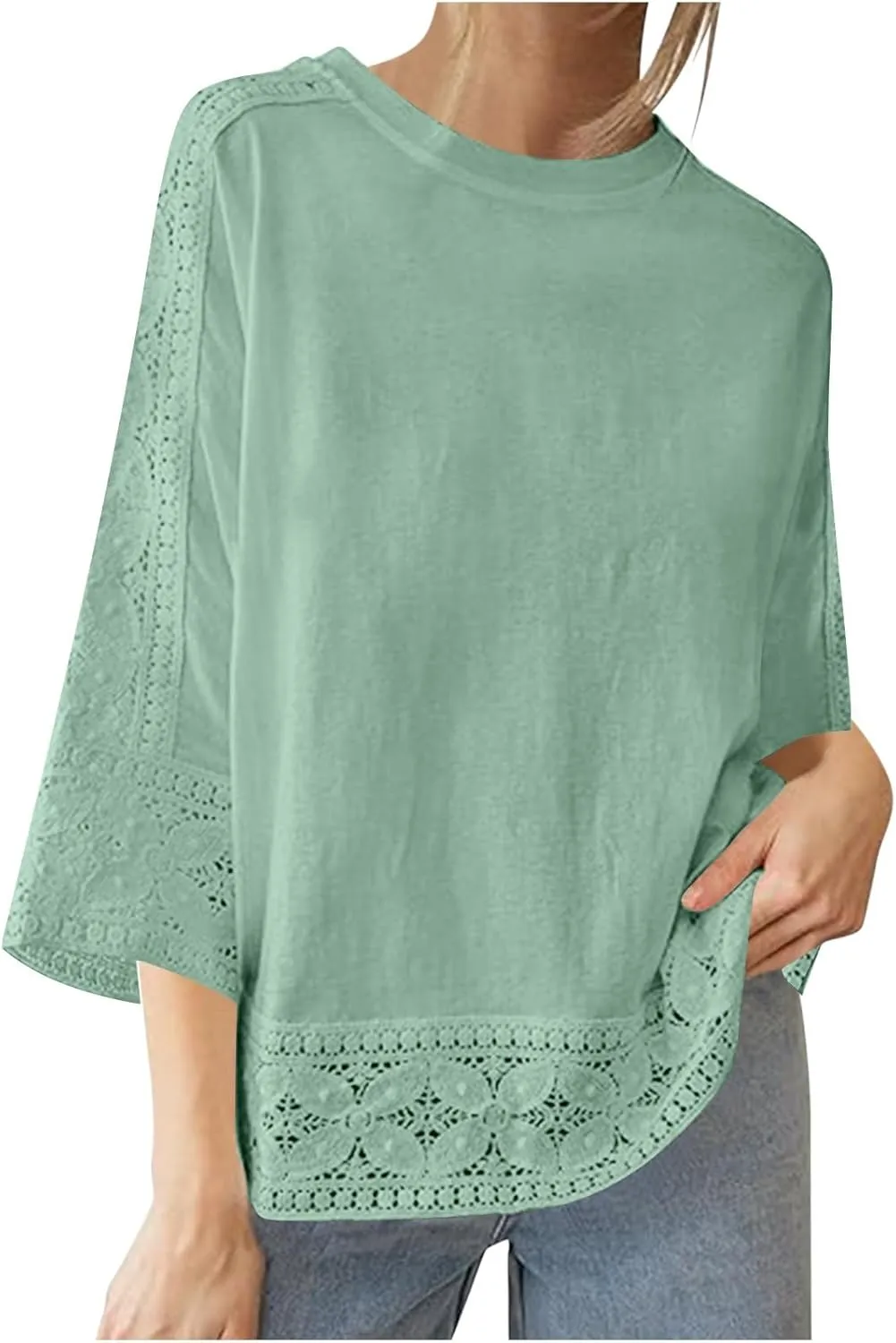 Lace Hollow Out Cotton Linen T Shirts for Women Casual Summer 2025 Crewneck 3/4 Sleeve Tops Loose Vacation Boho Tees