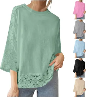 Lace Hollow Out Cotton Linen T Shirts for Women Casual Summer 2025 Crewneck 3/4 Sleeve Tops Loose Vacation Boho Tees
