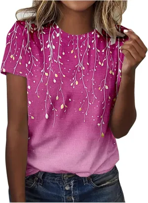 Ladie's 2025 Trendy Floral Print Round Neck T-Shirt for Summer Women Casual Loose Fit Boho Top Outfits