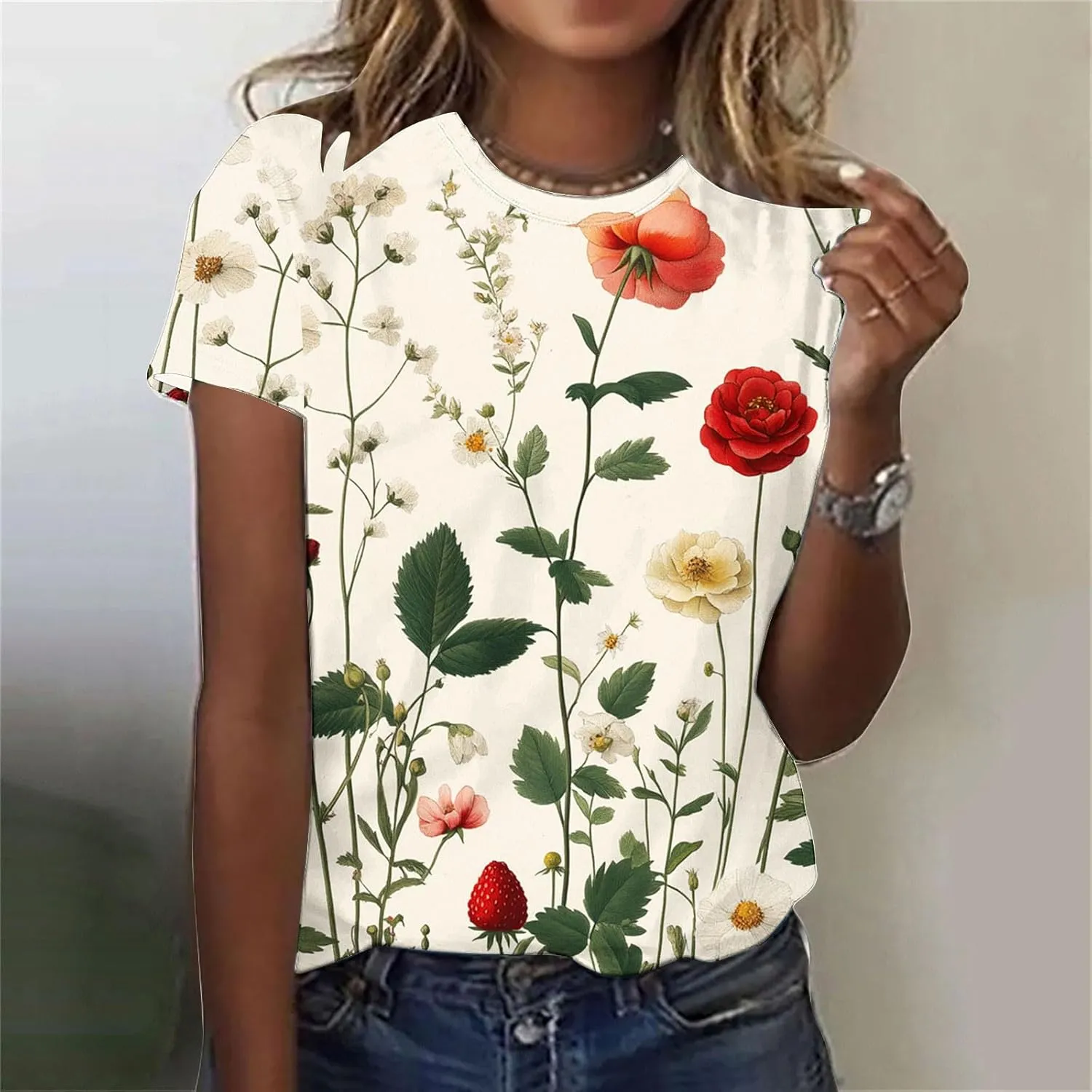 Ladies' Floral Printed Crewneck T-Shirt - 2025 Summer Boho Top with Short Sleeves & Casual Style
