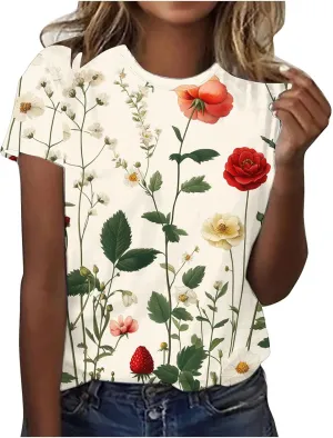 Ladies' Floral Printed Crewneck T-Shirt - 2025 Summer Boho Top with Short Sleeves & Casual Style
