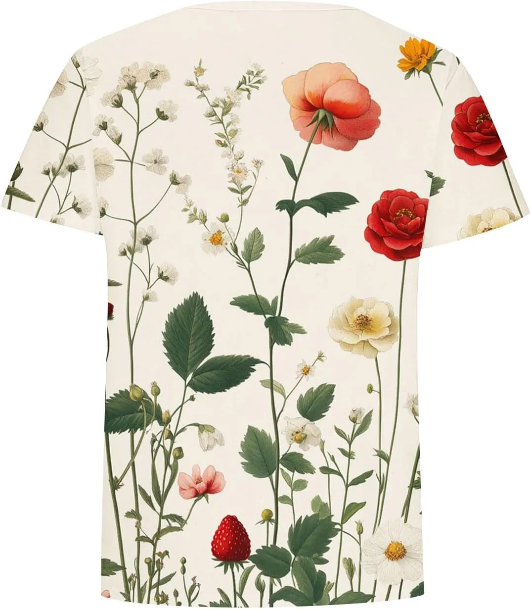 Ladies' Floral Printed Crewneck T-Shirt - 2025 Summer Boho Top with Short Sleeves & Casual Style