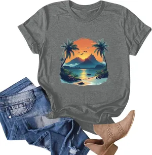 Ladies Summer Outfits 2025 Hawaiian Beach Landscape Print Graphic Tee Casual Vacation Travel Short Sleeve Tshirt