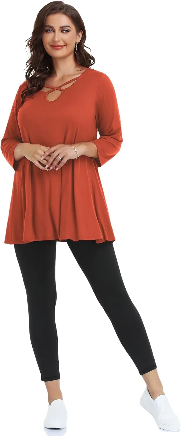 LARACE Plus Size Tops for Women V Neck 3/4 Sleeve Tunic Criss Cross Dress Shirts Casual Fall Blouse for Leggings