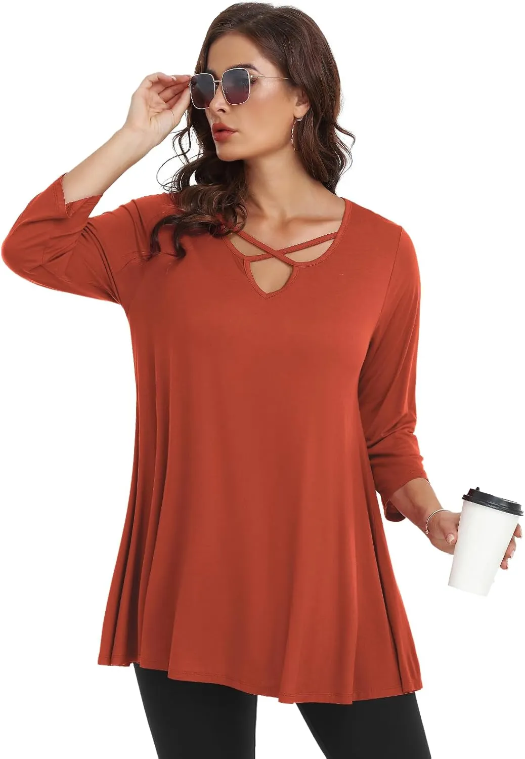 LARACE Plus Size Tops for Women V Neck 3/4 Sleeve Tunic Criss Cross Dress Shirts Casual Fall Blouse for Leggings