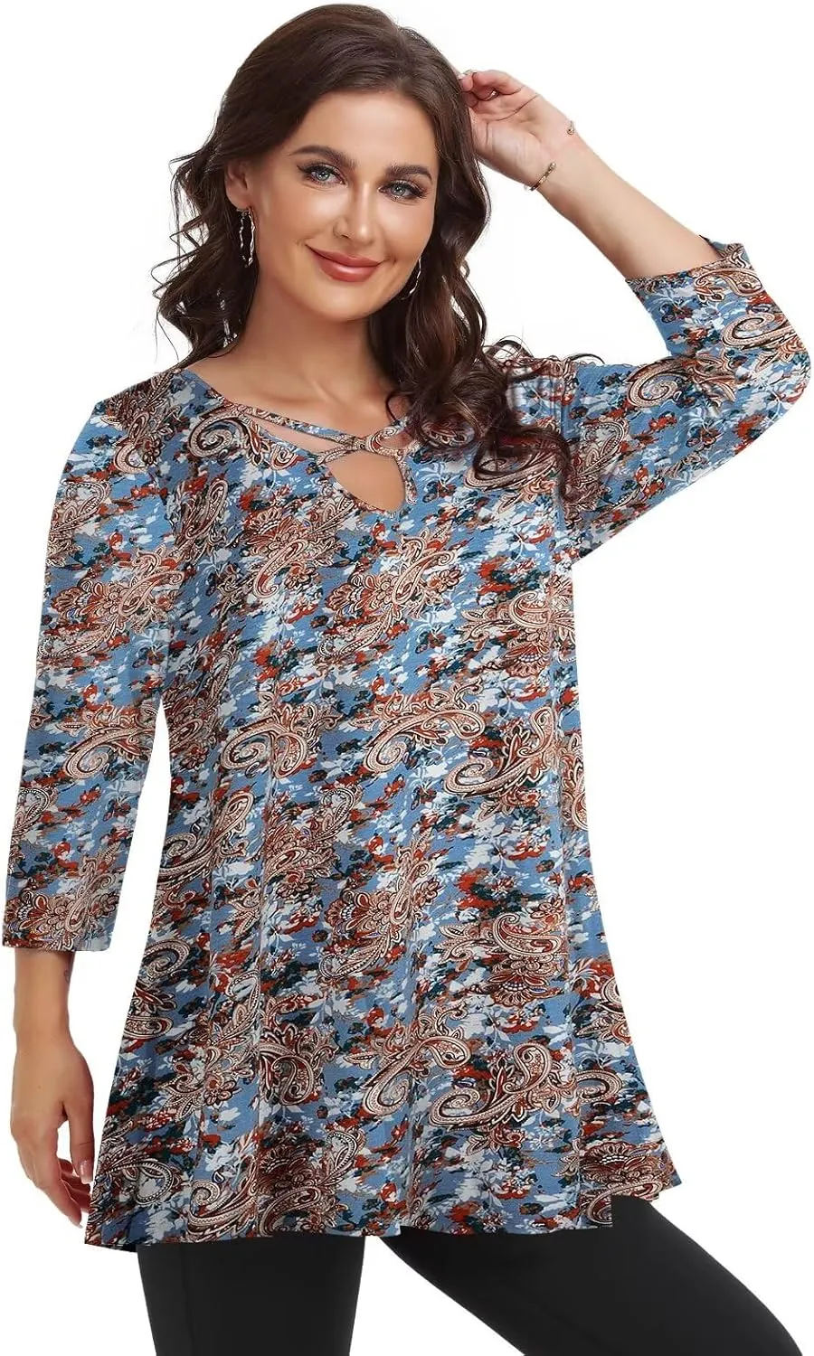 LARACE Plus Size Tops for Women V Neck 3/4 Sleeve Tunic Criss Cross Dress Shirts Casual Fall Blouse for Leggings
