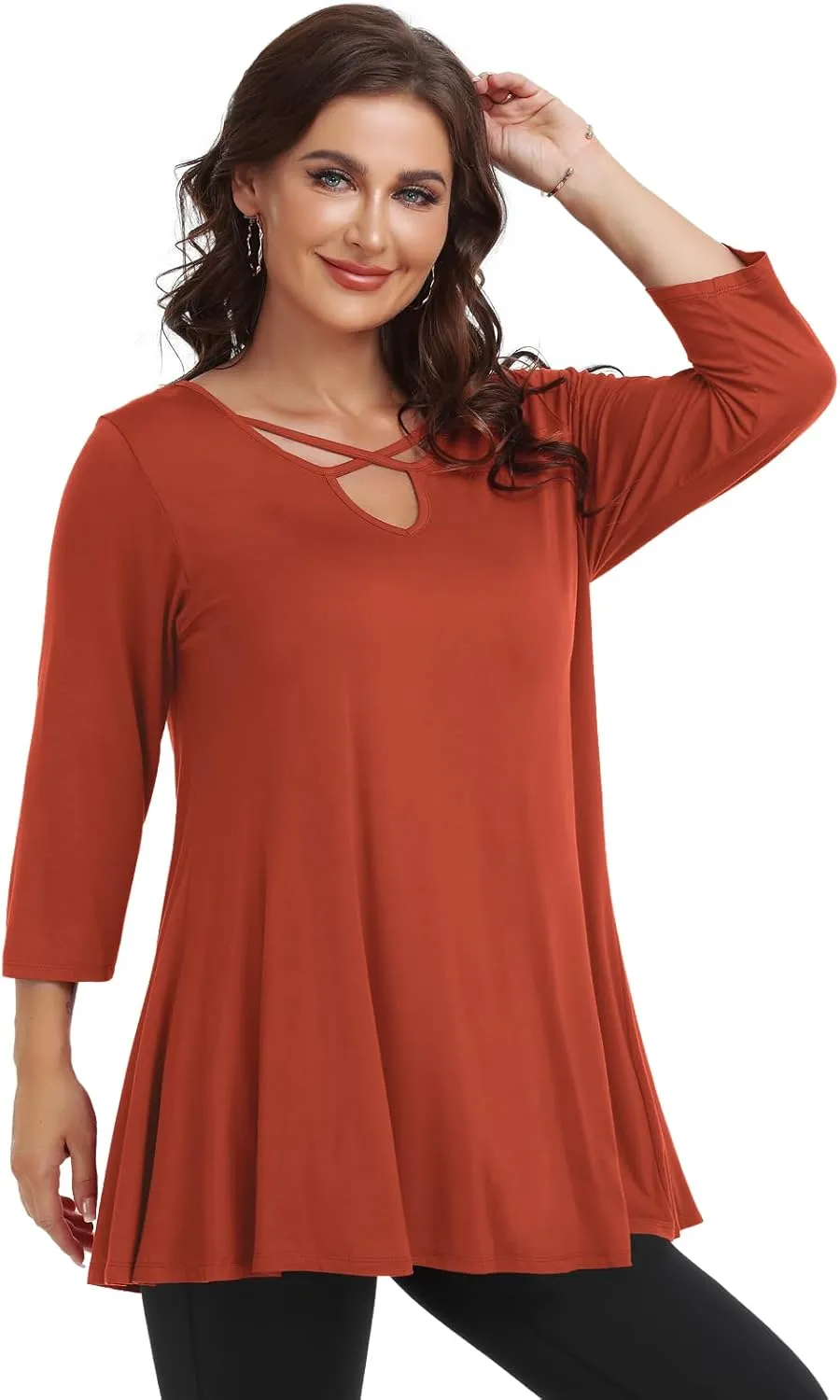 LARACE Plus Size Tops for Women V Neck 3/4 Sleeve Tunic Criss Cross Dress Shirts Casual Fall Blouse for Leggings