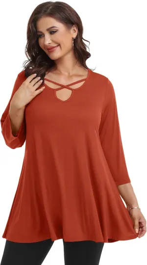 LARACE Plus Size Tops for Women V Neck 3/4 Sleeve Tunic Criss Cross Dress Shirts Casual Fall Blouse for Leggings