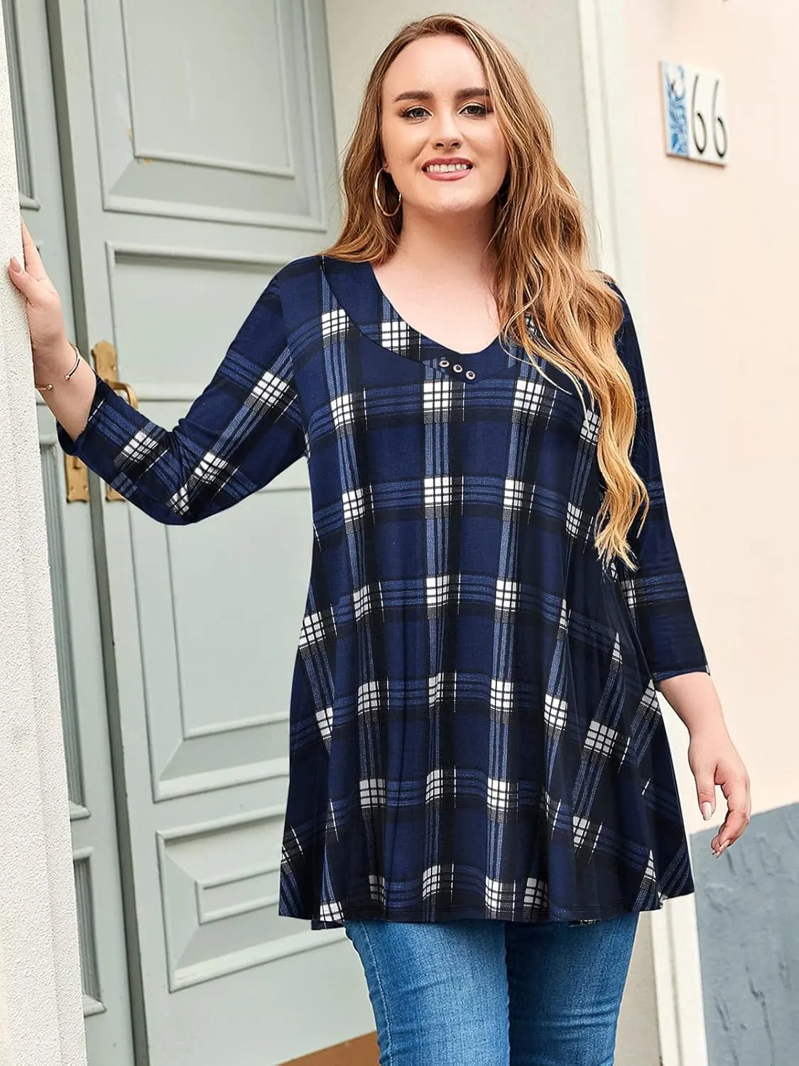 LARACE Plus Size Tunic Women's 3/4 Sleeve Tops And Blouses V Neck Shirts Loose Basic Tee