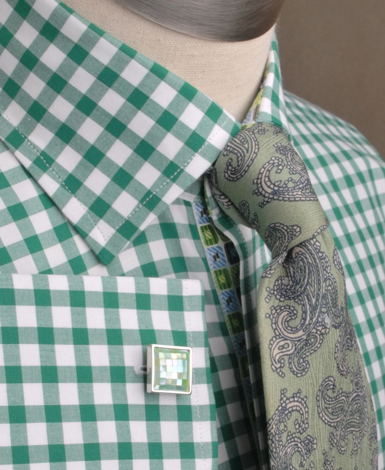 Large Green Gingham Check Formal Business Dress Shirt Blue Puzzle Designer Fashion