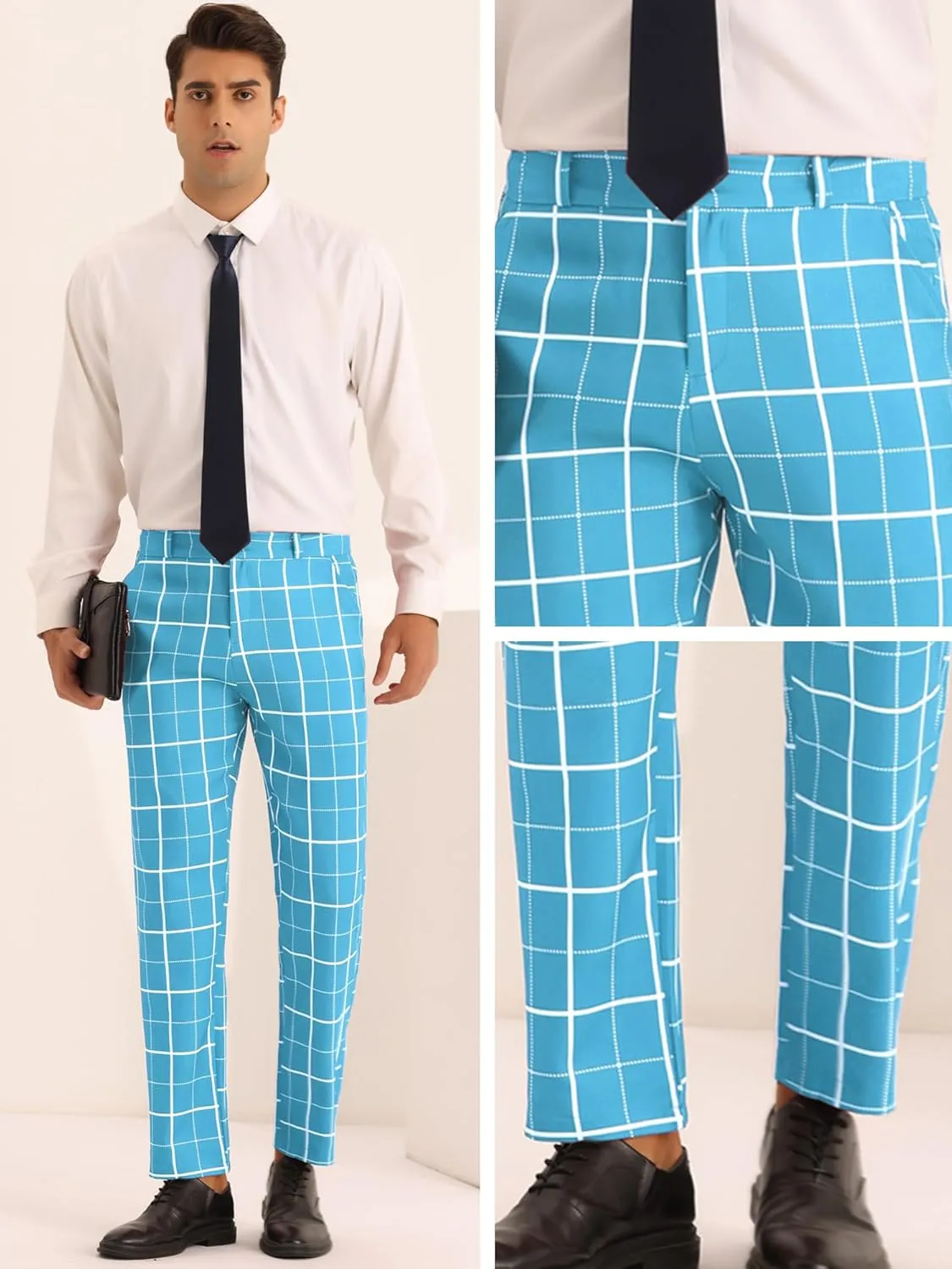 Lars Amadeus Plaid Dress Pants for Men's Business Slim Fit Flat Front Checked Pants