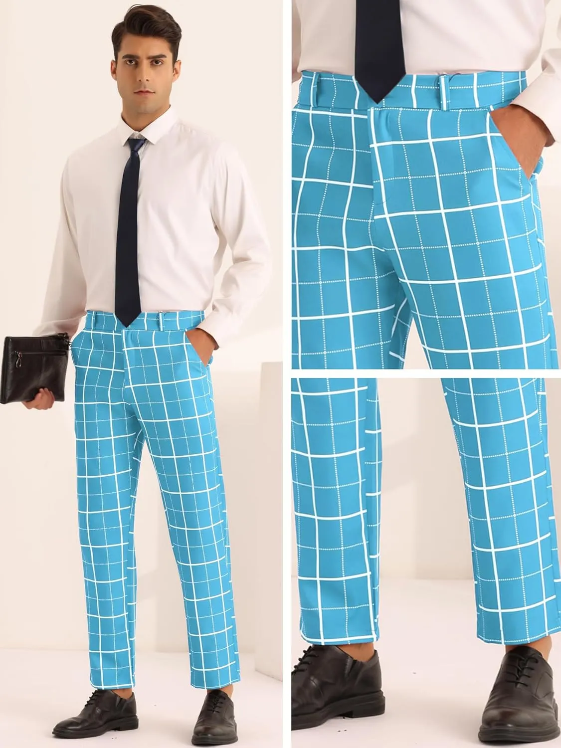 Lars Amadeus Plaid Dress Pants for Men's Business Slim Fit Flat Front Checked Pants