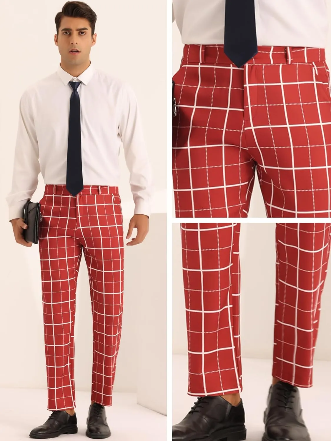 Lars Amadeus Plaid Dress Pants for Men's Business Slim Fit Flat Front Checked Pants