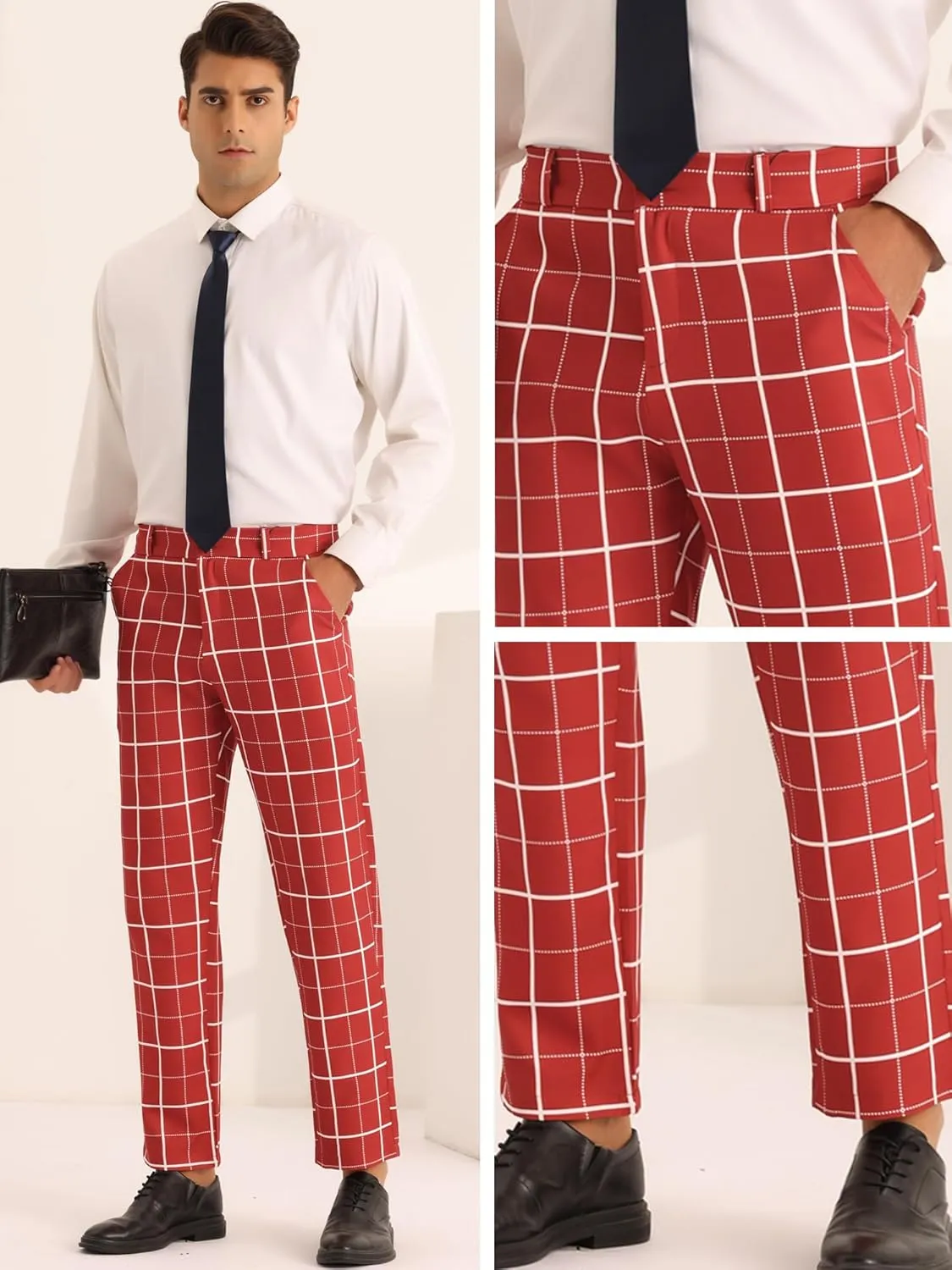 Lars Amadeus Plaid Dress Pants for Men's Business Slim Fit Flat Front Checked Pants