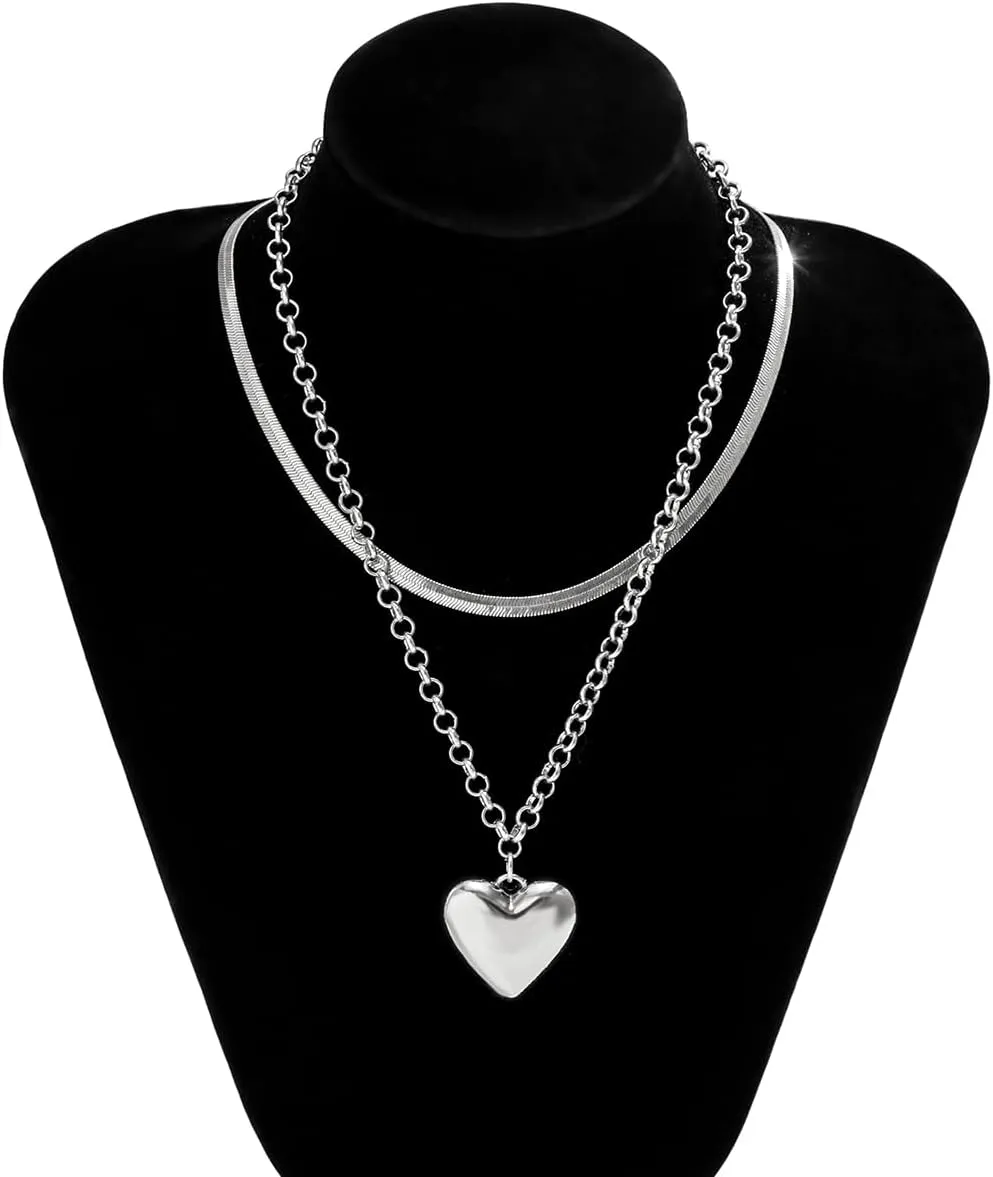Layered Chunky Heart Choker Necklace - Gold Plated Heart Pendant Herringbone Snake Chain Y2K Grunge Jewelry Gifts for Women