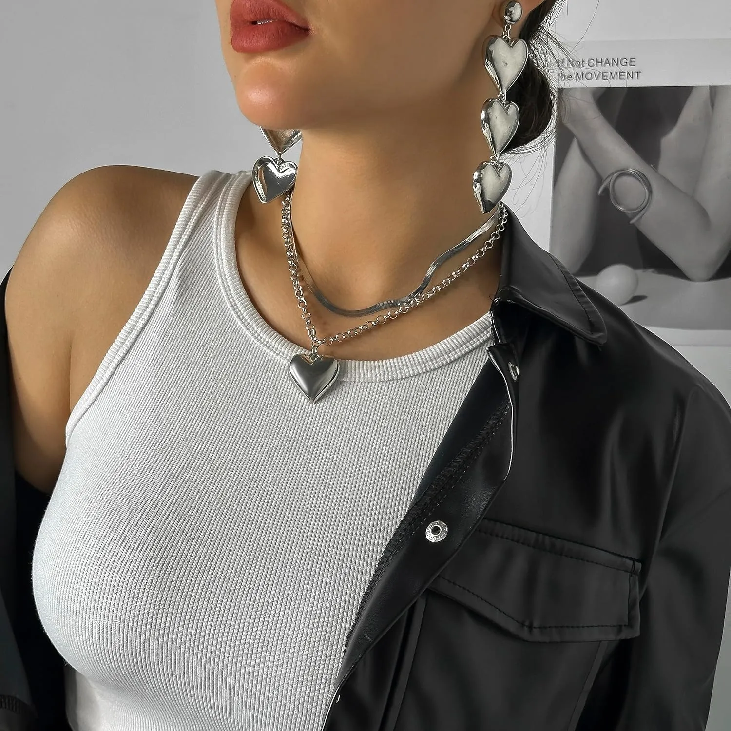 Layered Chunky Heart Choker Necklace - Gold Plated Heart Pendant Herringbone Snake Chain Y2K Grunge Jewelry Gifts for Women