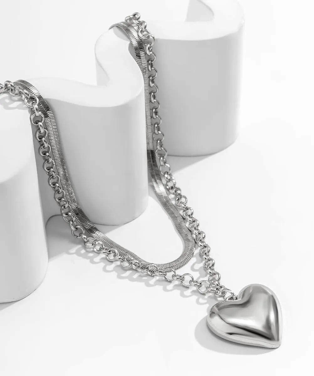 Layered Chunky Heart Choker Necklace - Gold Plated Heart Pendant Herringbone Snake Chain Y2K Grunge Jewelry Gifts for Women
