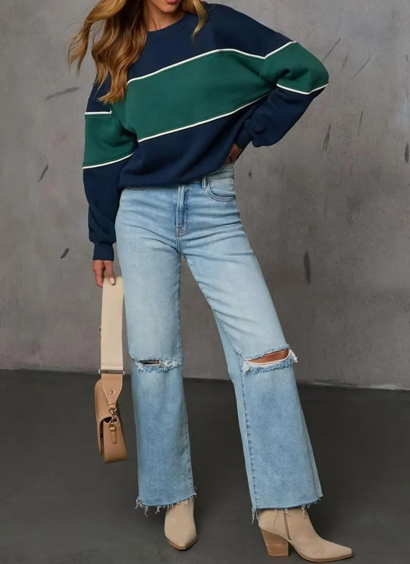 LEEDYA Womens Long Sleeve Sweatshirts Oversized Crewneck Color Block Pullover Top Casual Lightweight Blouse Tops