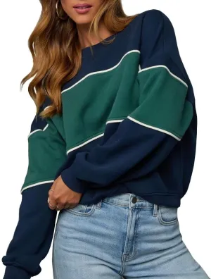 LEEDYA Womens Long Sleeve Sweatshirts Oversized Crewneck Color Block Pullover Top Casual Lightweight Blouse Tops