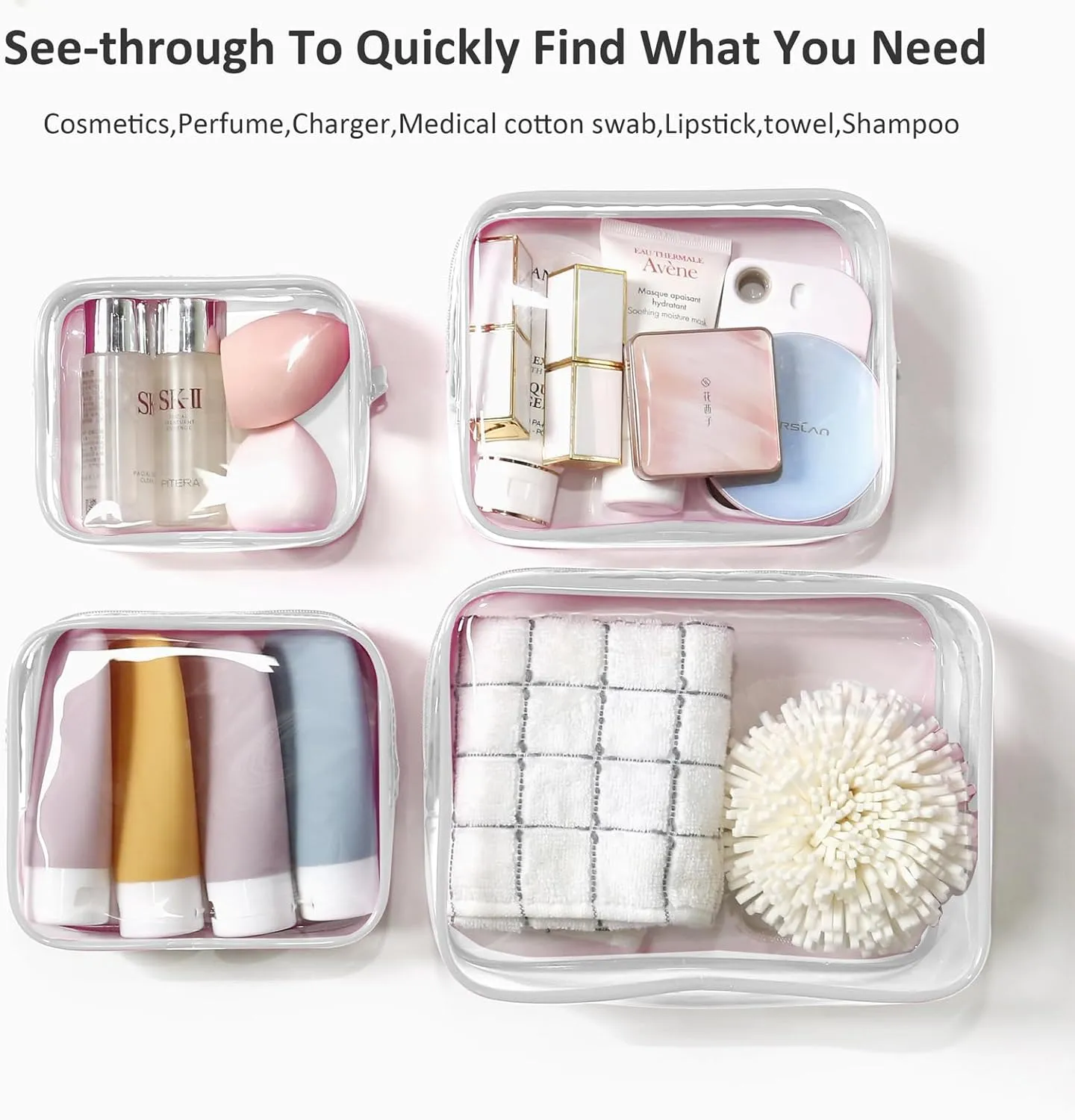 LETGO Clear Toiletry Bag, 4 Packs TSA Approved Water resistant Quart Size Travel Organizer, Airport Airline Travel Essential Carry On Makeup Cosmetic Bags for Women (White, Pack of 4)