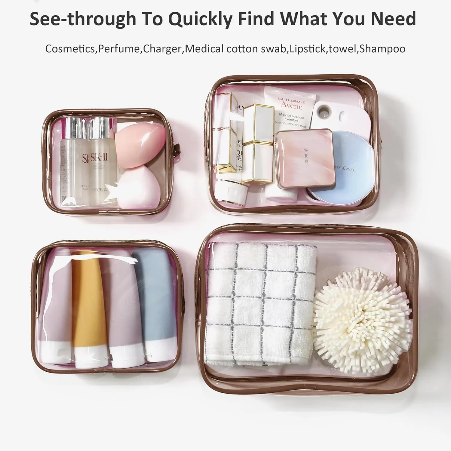 LETGO TSA Approved Toiletry Bag - Clear Makeup Bag Waterproof Quart Size Bag, Travel Makeup Cosmetic Bag for Women Men, Carry on Airport Airline Compliant (Coffee, Pack of 4)