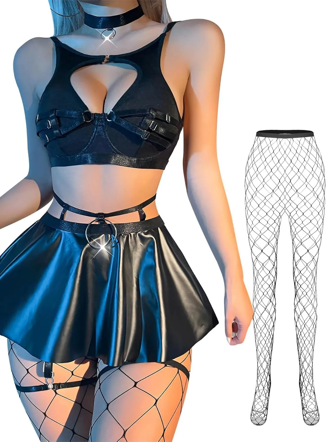 Lilosy Sexy Stocking Chocker Strappy Underwire O Ring Push Up Garter Belt Women Skirt 5 Piece