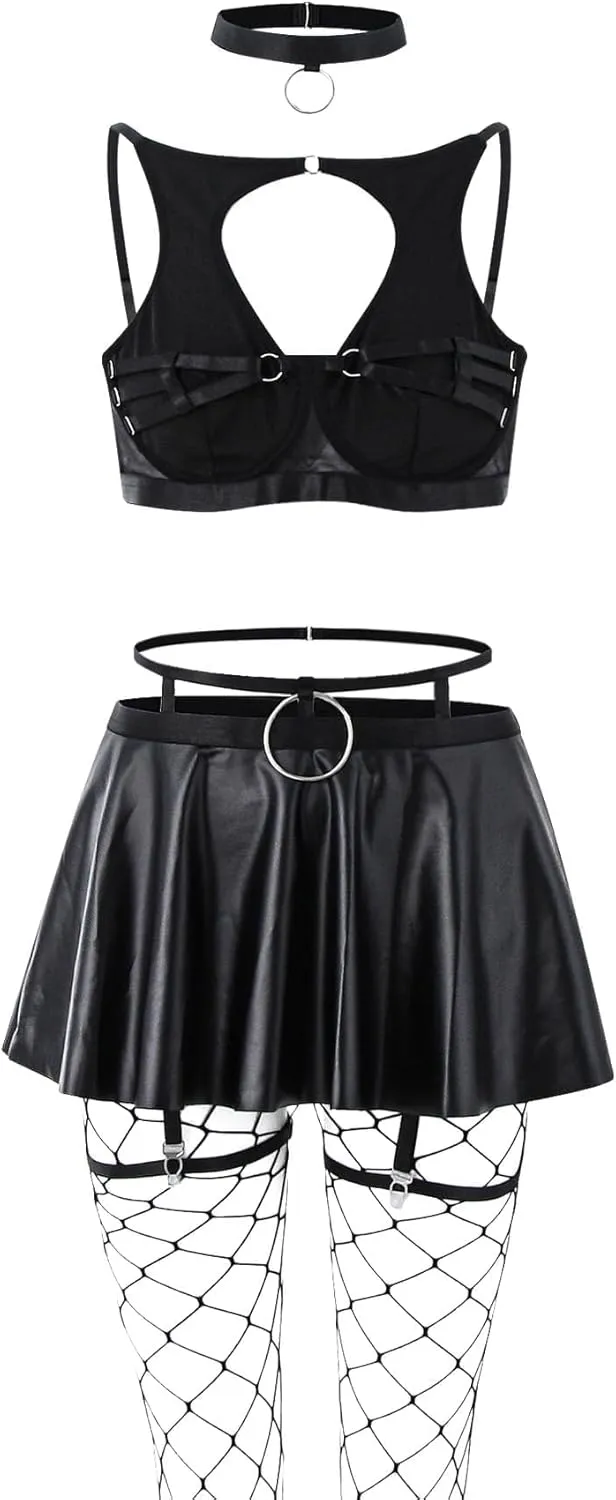 Lilosy Sexy Stocking Chocker Strappy Underwire O Ring Push Up Garter Belt Women Skirt 5 Piece