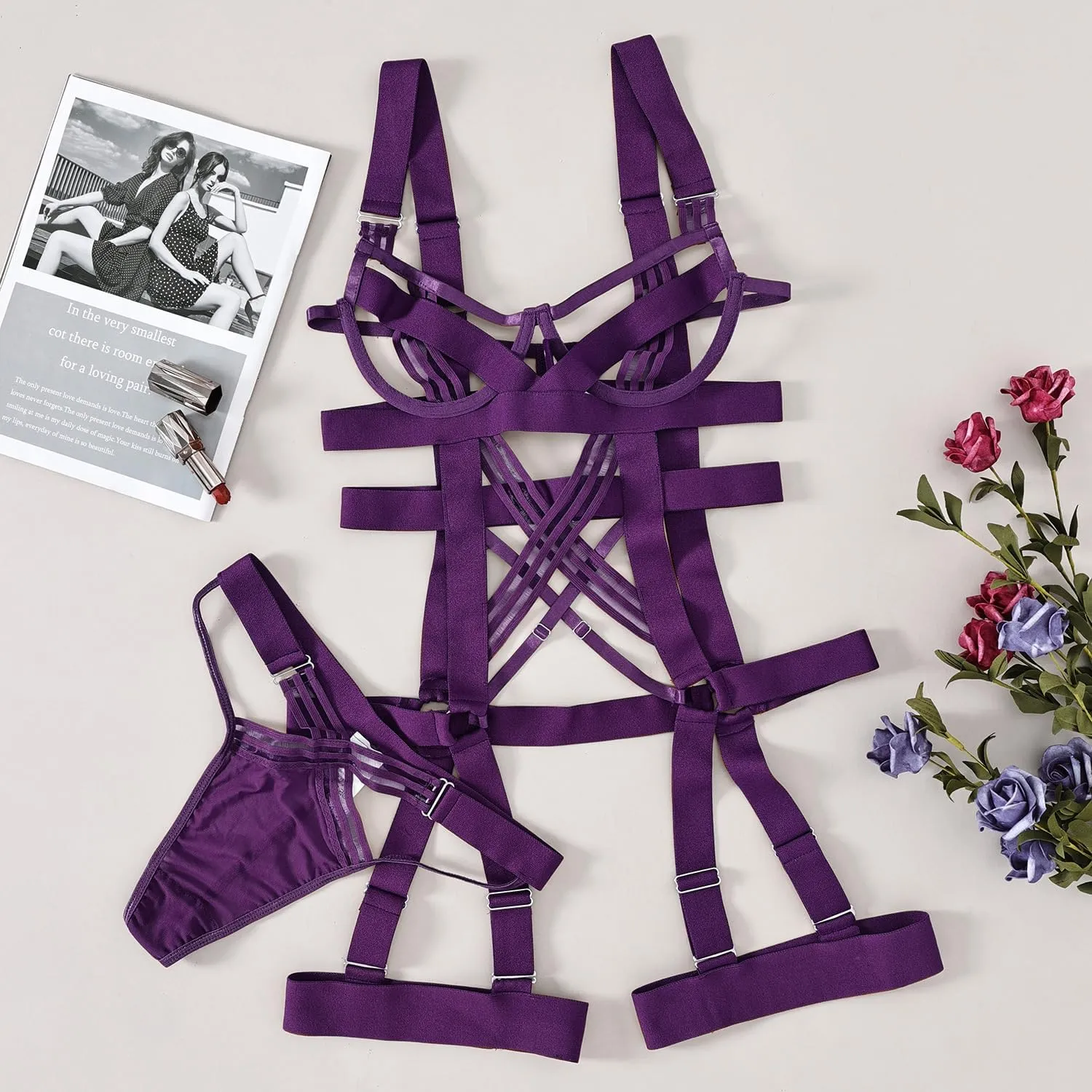 Lilosy Sexy Strappy Crisscross Cutout Underwire Garter Belt Lingerie Set Rave Outfits
