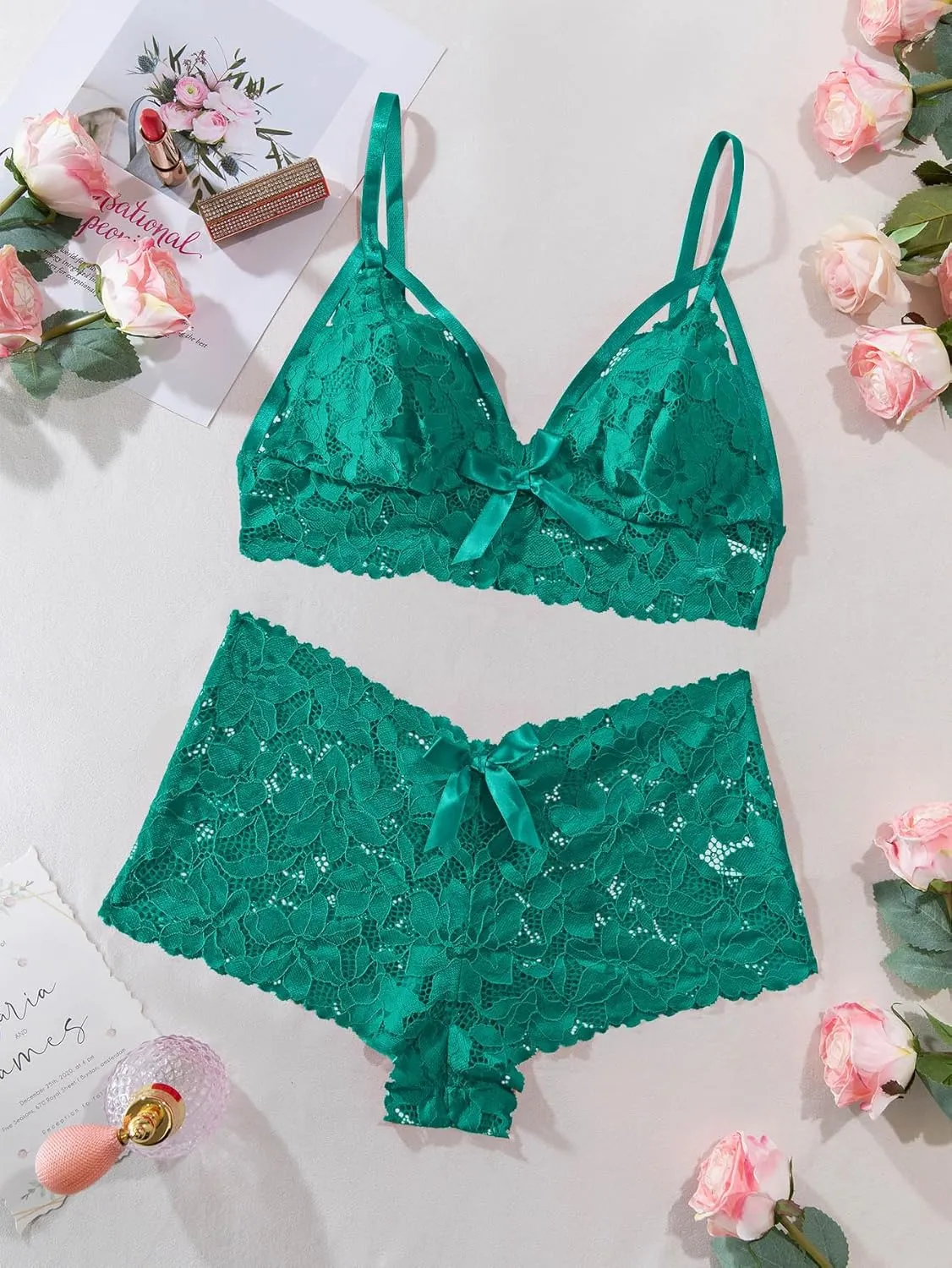 Lilosy Sexy Strappy High Waist Floral Lace Pajamas Lingerie Set Outfits