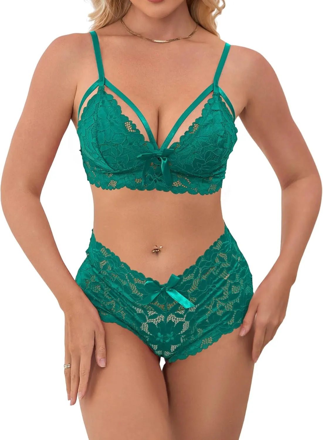 Lilosy Sexy Strappy High Waist Floral Lace Pajamas Lingerie Set Outfits
