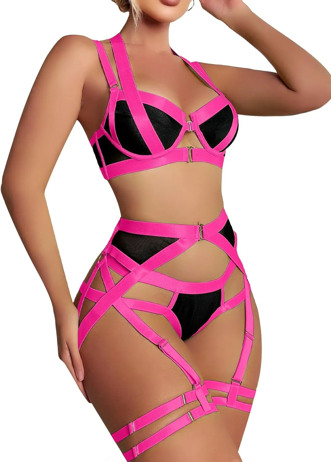 Lilosy Sexy Strappy Underwire Push Up Garter Belt Women Lingerie Set Harness Cutout Outfits Matching Bra Panty 3 Piece
