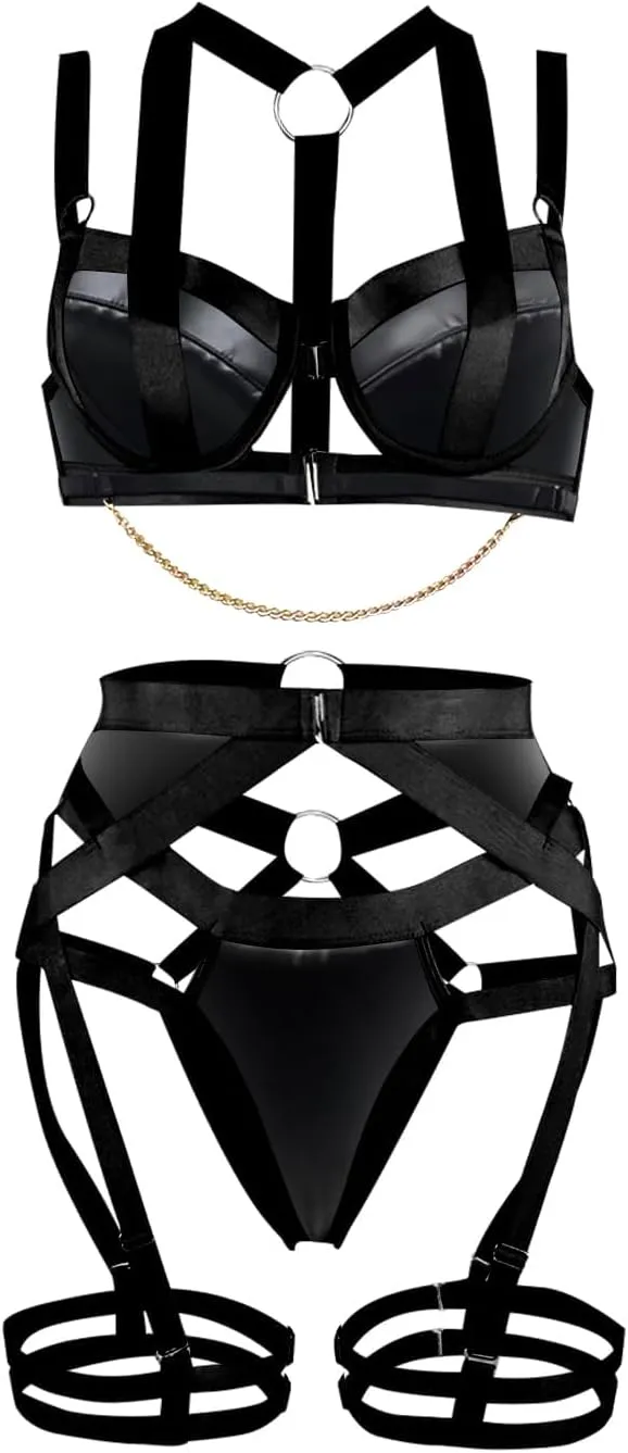 Lilosy Sexy Strappy Underwire Push Up Garter Belt Women Lingerie Set Harness Cutout Outfits Matching Bra Panty 3 Piece