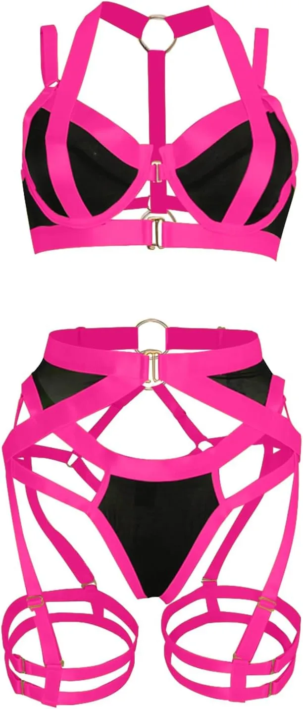 Lilosy Sexy Strappy Underwire Push Up Garter Belt Women Lingerie Set Harness Cutout Outfits Matching Bra Panty 3 Piece