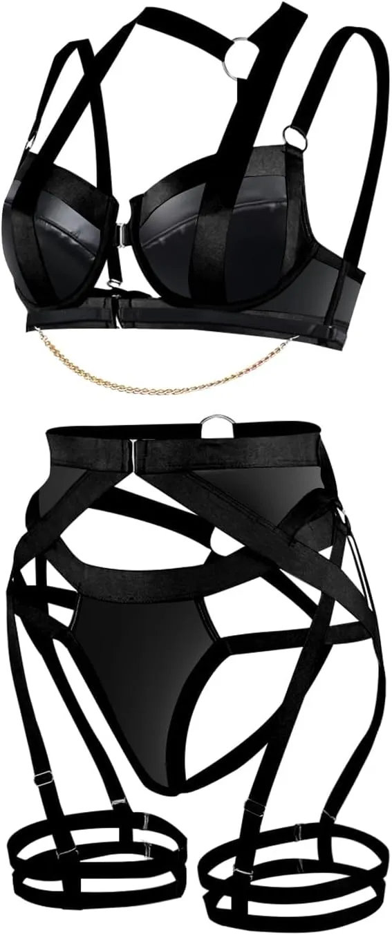 Lilosy Sexy Strappy Underwire Push Up Garter Belt Women Lingerie Set Harness Cutout Outfits Matching Bra Panty 3 Piece