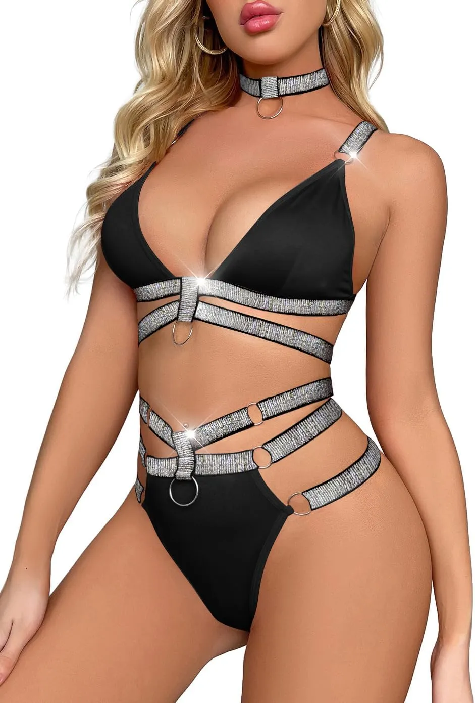 Lilosy Sexy Wireless Choker O Ring Linked Strappy Harness Lingerie Set Outfits 3 Piece